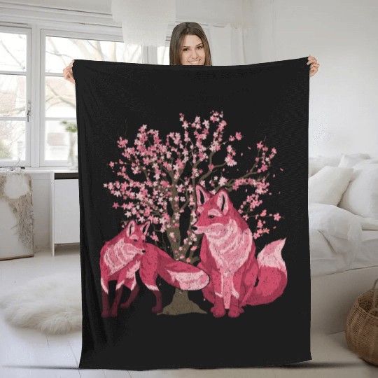 Cherry blossom tree forest animal gift sakura fox Fleece Blankets