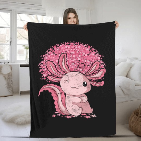 Cherry Blossom Tree Amphibian Gift Sakura Axolotl Fleece Blankets