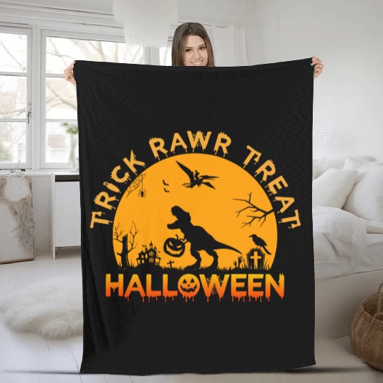 Trick Rawr Treat Dinosaur Stealing Pumpkin Fleece Blankets