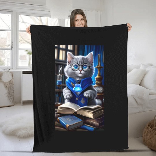 The Raven-claw Kitten Scholar: A Feline Journey. Fleece Blankets