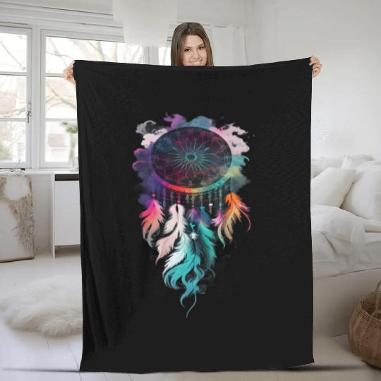 Dreamcatcher with feathers and smoke Fleece Blankets