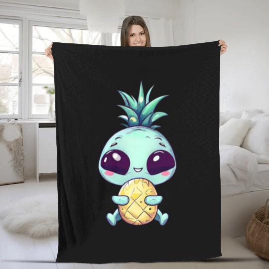 Alien with Pineapple Punk Hairstyle Fleece Blankets