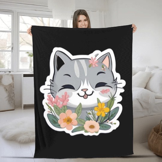 Cat and Flowers Fleece Blankets