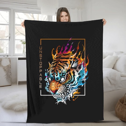 Unstoppable Flaming Tiger Fleece Blankets