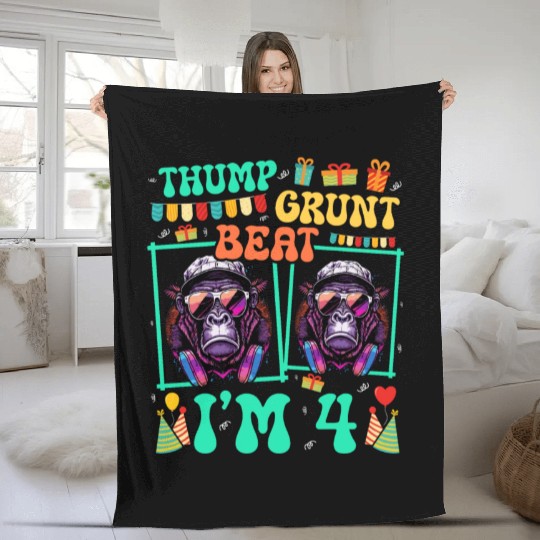 Thump Grunt Beat I'm 4 Gorilla Lover Kid 4th Fleece Blankets
