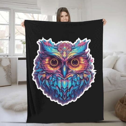 Luminous Nocturne: Holographic Owl Splendor Fleece Blankets