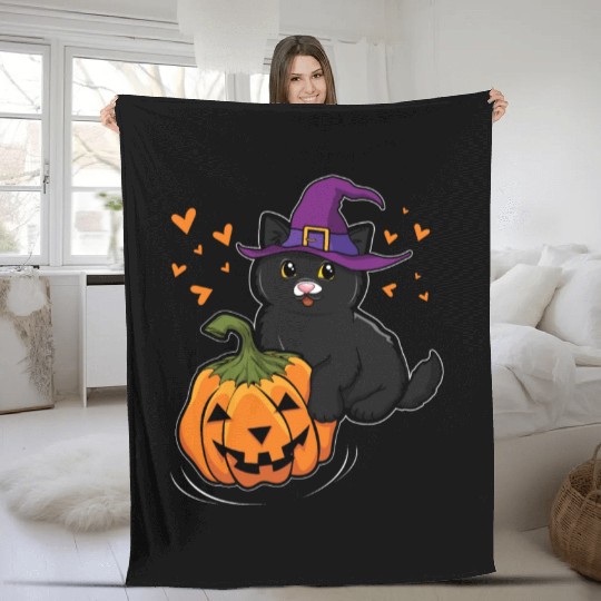 Witch Cat In Pumpkin Cool Creepy Halloween Fleece Blankets