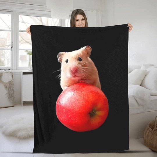 Cute syrian hamster with red apple Fleece Blankets