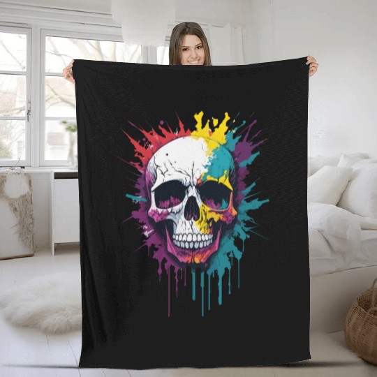 Colorful skull pain splash Fleece Blankets