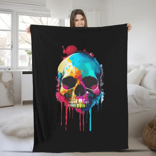 Psychedelic skull meltdown Fleece Blankets