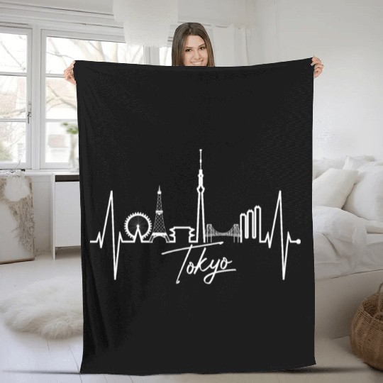 Tokyo Skyline Heartbeat Japanese Heart Love Tokyo Fleece Blankets