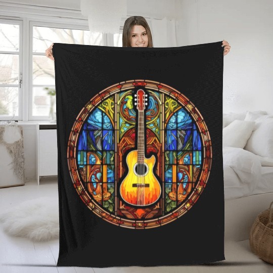 Cool Stained Glass Art Guitar for Men and Women Fleece Blankets