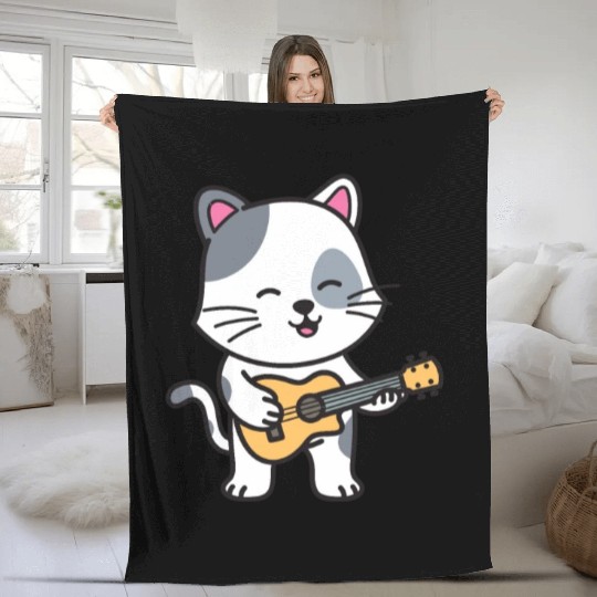 Rock Cat Playing Guitar - Funny Guitar Cat Fleece Blankets
