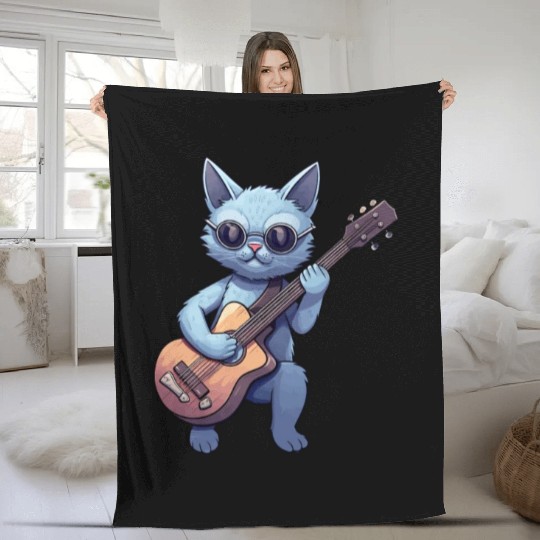 Rock Cat Playing Guitar - Funny Guitar Cat Fleece Blankets