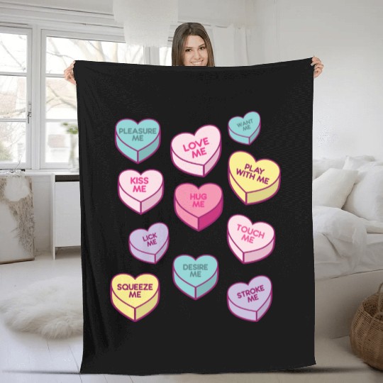 Love Me Kiss Me Pleasure Me Candy Hearts Fleece Blankets