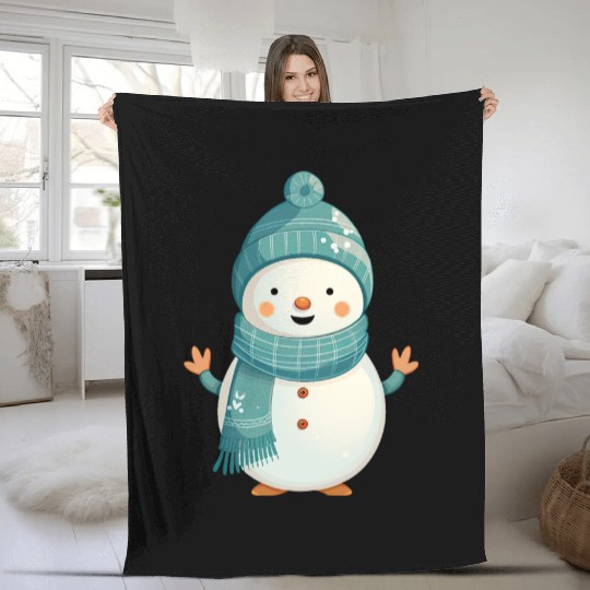Cute Snowman with Green Beanie and Scarf Fleece Blankets
