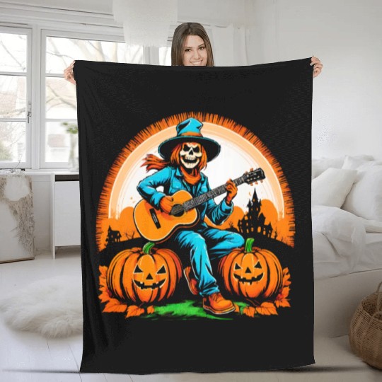 Happy Halloween scarecrow plays guitar Fleece Blankets
