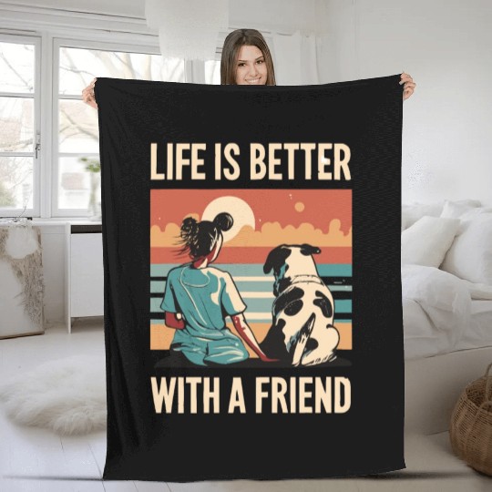 Life Is Better With A Friend Golden Retriever Cute Fleece Blankets