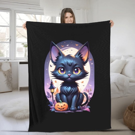 Black Cat With a jack-o-lantern Halloween Design Fleece Blankets