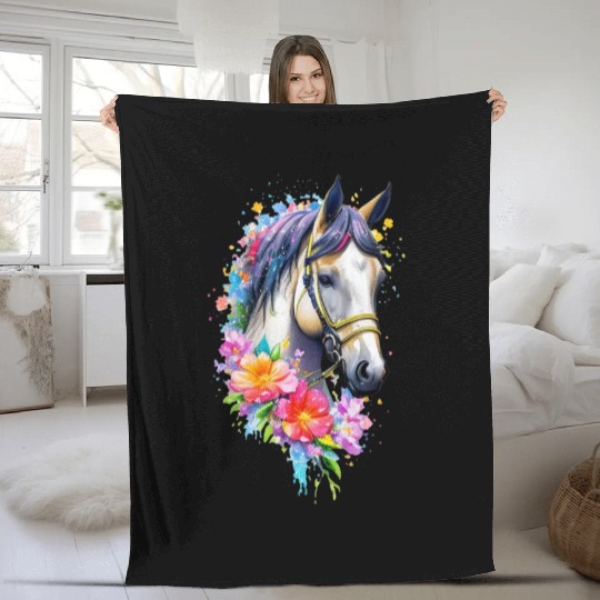 Flower Horse Spring Nature Horse Lovers For Women Fleece Blankets