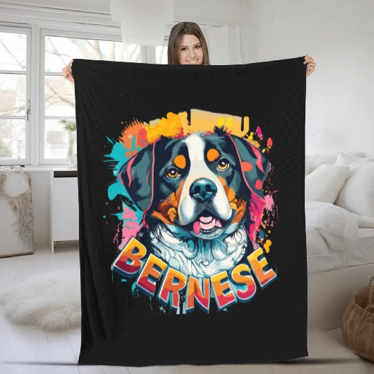 Bernese Mountain Dog Head Vibrant Color Splash Fleece Blankets