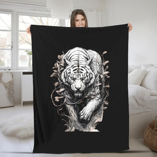 White Tiger with Vines and Leaf Fleece Blankets