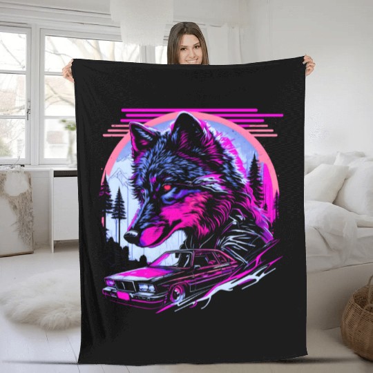Retro Synthwave Gangster Wolf Fleece Blankets