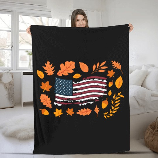 American (USA) Flag in Autumn Leaves | Patriotic Fleece Blankets