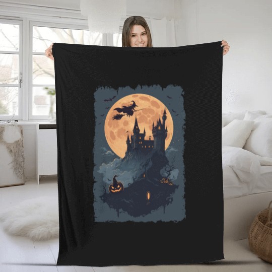 Witch flying into the castle Fleece Blankets