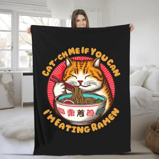 I'm eating Ramen Japanese cat Fleece Blankets