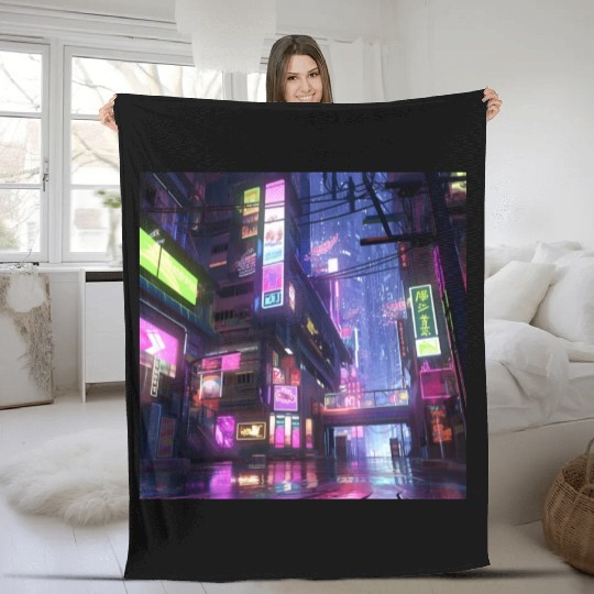 Anime-Influenced Digital Art of Tokyo Street Scene Fleece Blankets