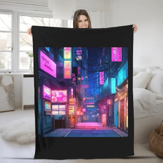 Anime-Inspired Tokyo Street Digital Art - Vibrant Fleece Blankets