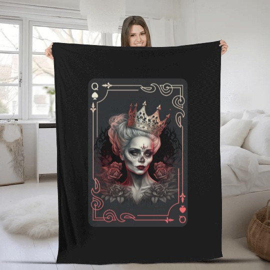 Poker Cards Queen of Spades Creepy Gothic Fleece Blankets