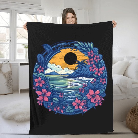 Flower Blossoms By Ocean Surfing Fleece Blankets