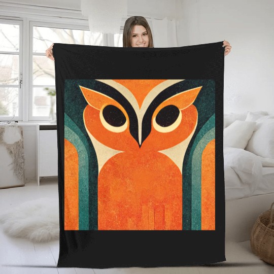 Mod Owl: Big Bold Orange Owl Fleece Blankets
