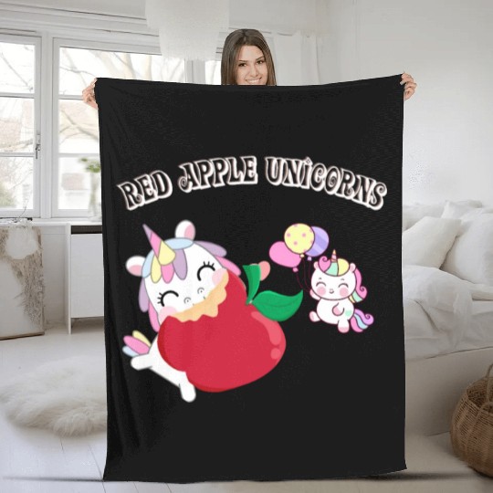 Funny Unicorn Hungry Eat a Red Apple Day Fleece Blankets