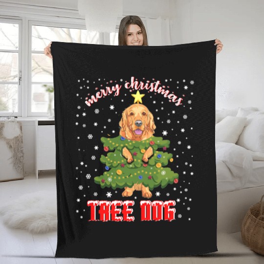 Christmas Dog in Christmas Tree With Xmas Lights Fleece Blankets
