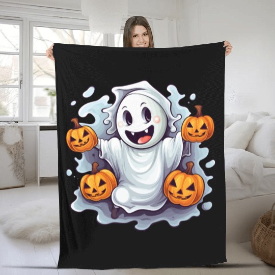 Funny Halloween Ghost With Pumpkin Lanterns Fleece Blankets