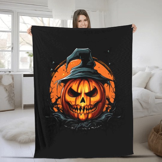 Halloween Magic Spooky Pumpkin With Bat Fleece Blankets