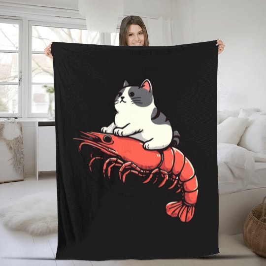 Cat rides shrimp Fleece Blankets