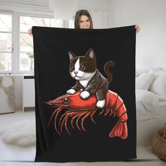 Cat rides shrimp Fleece Blankets