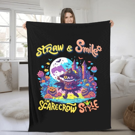 Straw & Smile The Scarecrow Funny Cute Halloween Fleece Blankets