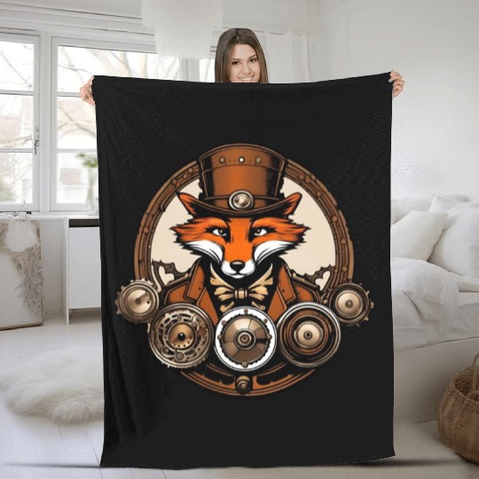Steampunk Fox / Animal / Bronze / Old School Fleece Blankets