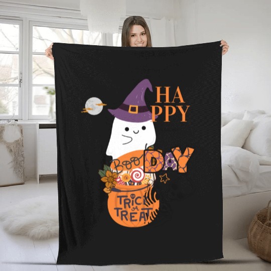 Happy Day Boo Witch Trick or Treat Ghost Fleece Blankets