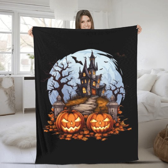 Spooky Haunted House Halloween Pumpkin Bat Fleece Blankets