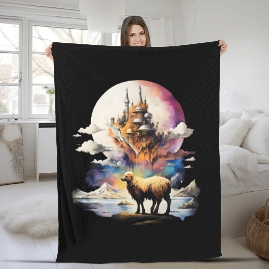 Retro Celestial Moon Sheep Adventure Fleece Blankets