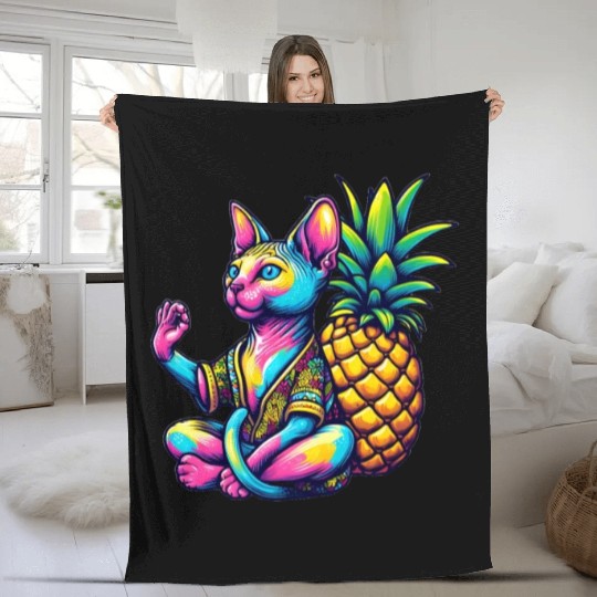 Meditating Sphynx cat with pineapple Fleece Blankets