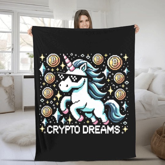 Crypto Dreams - 8-bit Unicorn Amidst Digital Coins Fleece Blankets