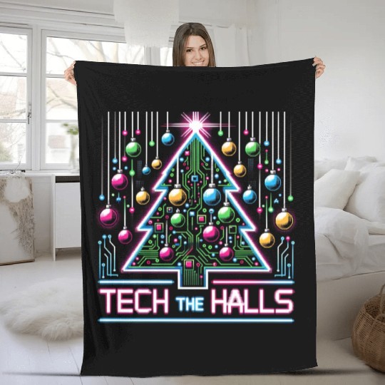 Tech the Halls - Christmas Tree in 8-bit Neon Fleece Blankets