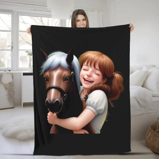 Little Girl Hugs Her Pony Fleece Blankets
